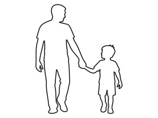 Black outline of a man walking with child boy holding hands, isolated on white background, graphic illustration. concept of father and son, family, bond, companionship, design element