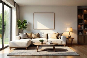 Fototapeta premium Cozy and bright living room interior design featuring a comfortable sofa, stylish coffee table, and warm lighting, creating a relaxing atmosphere perfect for unwinding , living room, home decor
