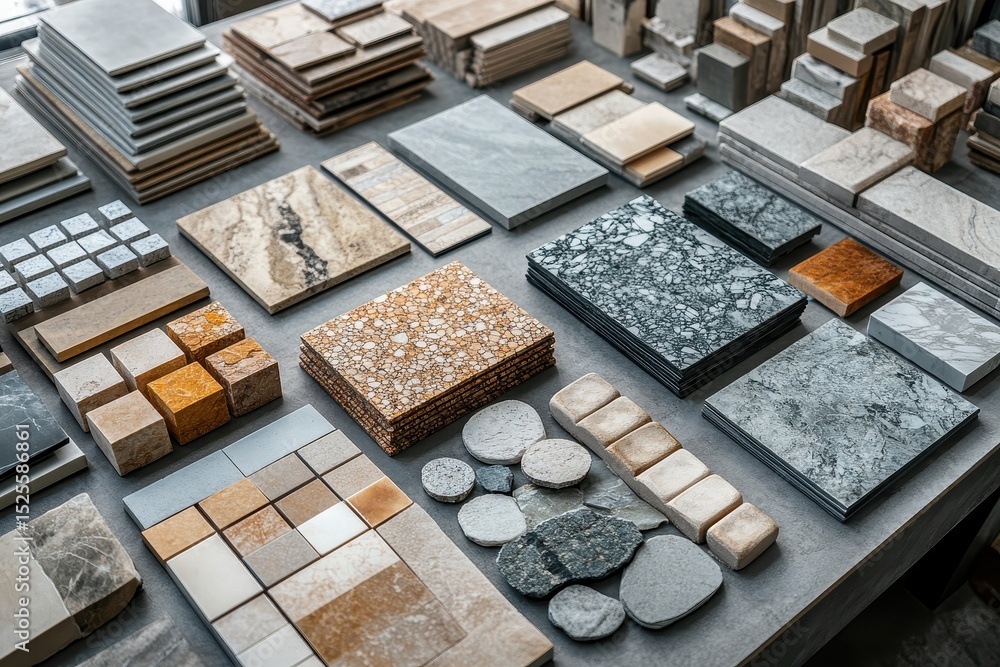 Poster Assortment of various square and round tile samples used for architecture and interior design on a stone countertop