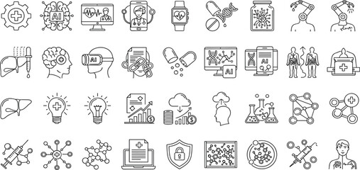  Futuristic healthcare technology and medical AI innovation concept vector illustration set. Line icons include robotics, biotechnology, data security and wearable devices for modern medicine.