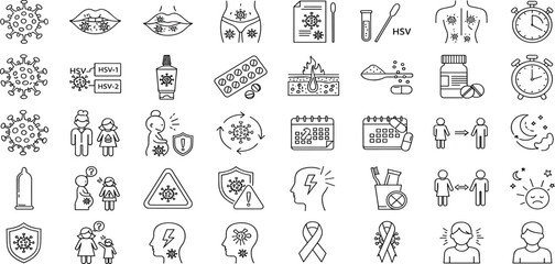 Herpes virus line icon set. Vector pictograms of genital, oral, lips, rash, swab, test, diagnosis, pill, medicine, cream, protection, condom, hygiene, sunlight, awareness, thin linear illustration.