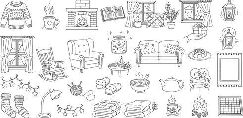 Hygge Lifestyle line icon set. Vector pictograms of cozy comfort-focused living, warm interiors, sweater, sofa, knitted, scarf, cinnamon roll, rocking chair, fireplace thin linear illustration.