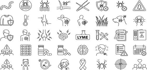 Fototapeta premium Lyme disease line icon set. Vector pictograms of pathogen, insect, repellent, spray, grass, dog, antibiotic pill, spirochete, doxycycline, disease prevention, awareness, thin linear illustration