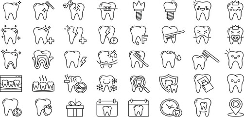 Medical dental care line icon set. Vector pictograms of braces, implants, cavities, toothbrush, hygiene, gum, mouthwash, whitening treatments, tooth crown and root, thin linear illustration