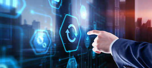 Businessman touching icon Update software application. Hardware upgrade technology concept