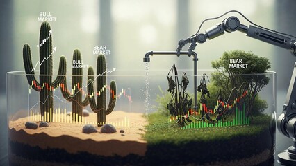 Terrarium with "bull market" desert (cacti with stock charts) and "bear market" rainforest. Robotic arm adjusting irrigation for equilibrium.