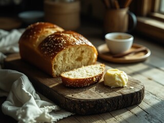 Rustic Artisan Bread with Butter on Wooden Plank