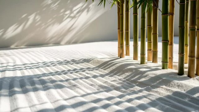 Zen garden with bamboo stalks and raked sand creating patterns with contrasting light and shadow on a minimalist background.