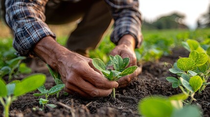 Man planting soybean seedlings in the field