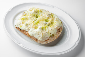 Golden-baked flatbread with melted cheese and fresh herbs, served on a white plate. The dish looks appetizing, rustic, and homemade, ideal for food photography and culinary presentations.