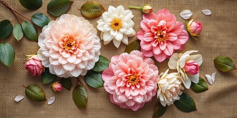 Rustic Camellia Flat Lay on Burlap, Warm Tones, Soft Light