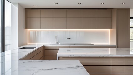 Fototapeta premium sleek modern minimalist kitchen with a pristine white marble countertop featuring subtle grey veining, surrounded by clean-lined cabinetry created with generative ai