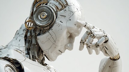 Fototapeta premium Futuristic White Male Cyborg Thinking and Touching His Head