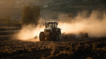 Fototapeta premium Tractor Cultivating Field Kicking up Rocks