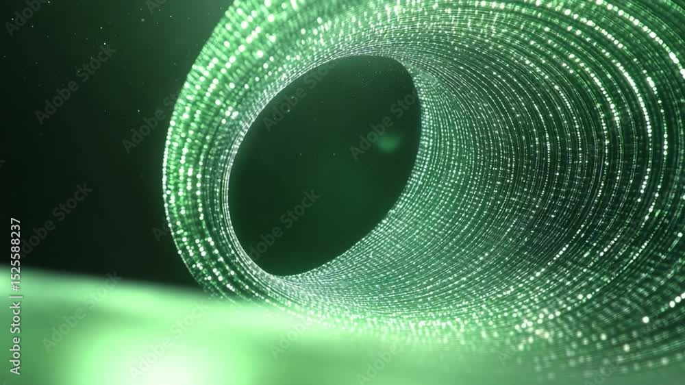 Poster Tunnel of Luminescence: A mesmerizing digital depiction of a luminous tunnel, crafted from countless tiny particles, radiating an ethereal glow and hinting at the wonders of futuristic technology. 