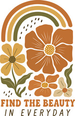 Boho Retro Floral Illustration with Earth Tones and Rainbow Accents