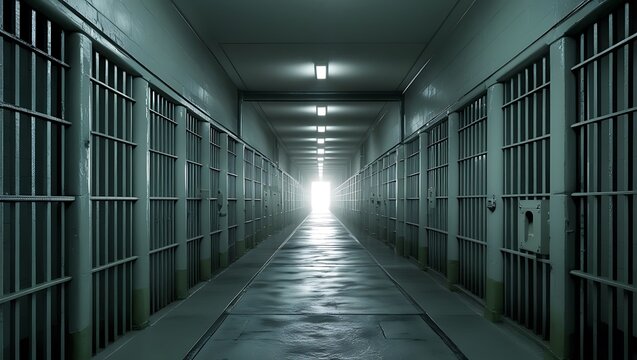 A long, empty corridor in a prison with barred cells and bright light at the end of the passage created with generative ai