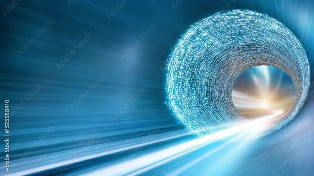 Poster Quantum Leap: A futuristic depiction of a spaceship accelerating through a wormhole, a tunnel of swirling light and energy, symbolizing interstellar travel and scientific advancement.