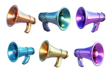 Six colorful megaphones isolated on white background