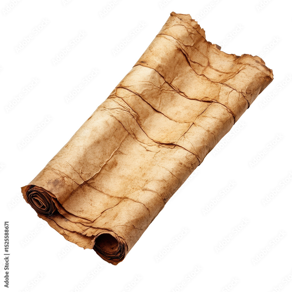 Poster old parchment paper scroll isolated on a plain transparent background showing its aged texture and u