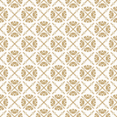 Vector golden abstract geometric ornamental seamless pattern in oriental style. Luxury gold and white ornament with curved lines, floral silhouettes, grid, chains. Elegant repeated geo background