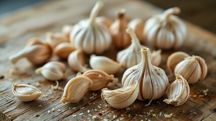 Rustic Garlic on Wooden Cutting Board, Kitchen Still Life