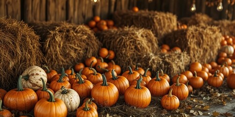Rustic Harvest Bounty - Pumpkins and Hay Bales