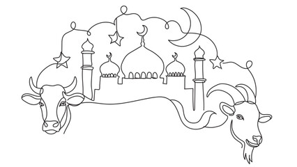 Cattle line drawing. cow, goat, sheep and camel. Eid al-Adha concept, the celebration of Muslim community festival design. Eid Mubarak greetings concept.