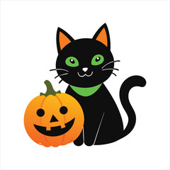 Spooky Cat with Pumpkin Halloween Illustration