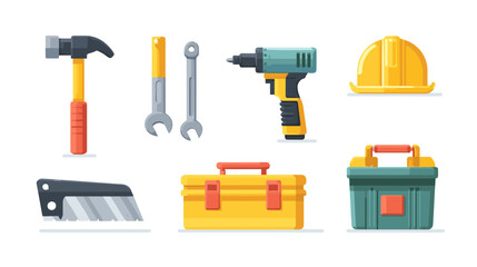 Icon set of construction tools and equipment isolated on transparent background
