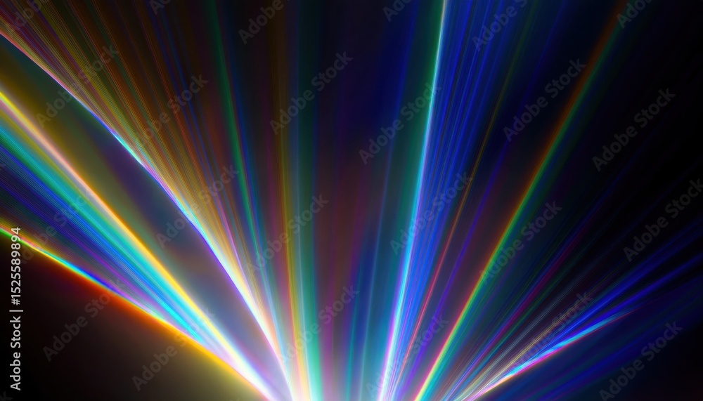 Poster abstract light beam burst with prismatic rainbow refractions on dark background, creating futuristic radiant rays for digital artwork, web design, poster print or tech branding graphic

