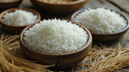 Rustic Rice Display: Wooden Bowls & Paddy