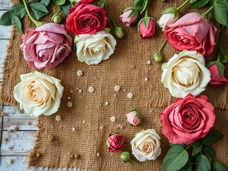 Rustic Roses: Cool Hues on Burlap, Soft Textures