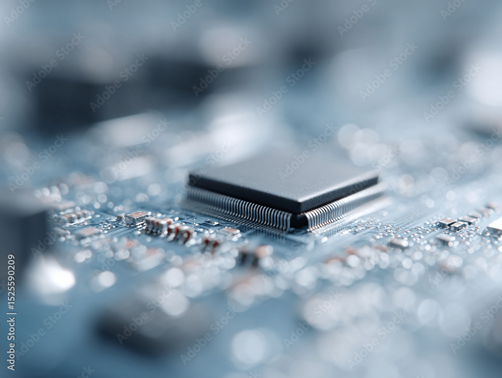 Poster macro shot of a modern circuit board with a central processor. focus on detail. concept for technolo