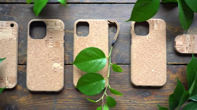 Arrangement of cork phone cases and accessories with green leaves on a wooden surface flat lay