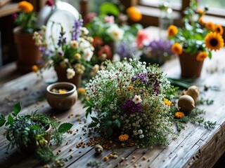 Rustic Wildflowers and Herbs on Wooden Surface