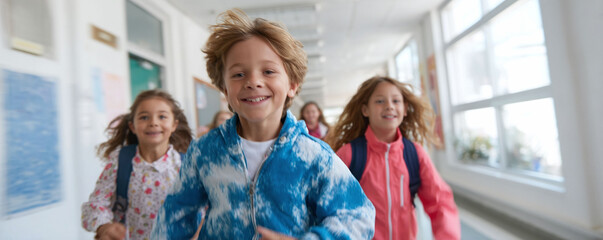 Excited students rushing down a school hallway, smiling. Represents youth, energy, and the start of education. Ideal for backtoschool ads, education resources.