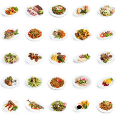Set of various restaurant meals isolated on white background. Collage of different main courses and salads, meat and fish dishes with garnish, cutout, business lunch concept