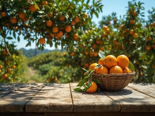Rustic Wooden Table, Oranges, Citrus Orchard