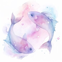 Watercolor illustration of two graceful fish representing the Pisces zodiac sign in soft pastel colors