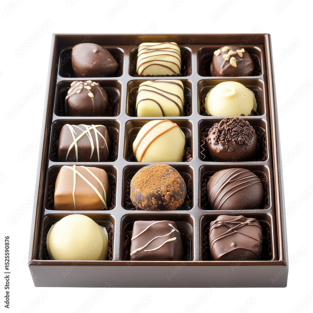 Poster delicious selection of assorted chocolates in a box on a white background, box chocolates isolated o
