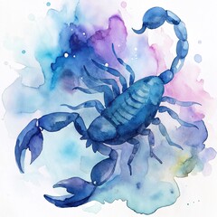 Watercolor illustration of a powerful scorpion representing the Scorpio zodiac sign in vibrant blue tones