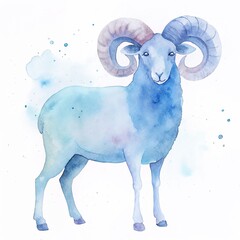 Watercolor illustration of a noble ram representing the Aries zodiac sign with soft blue tones