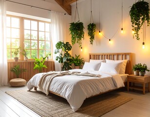 Cozy bedroom with plants and warm lighting
