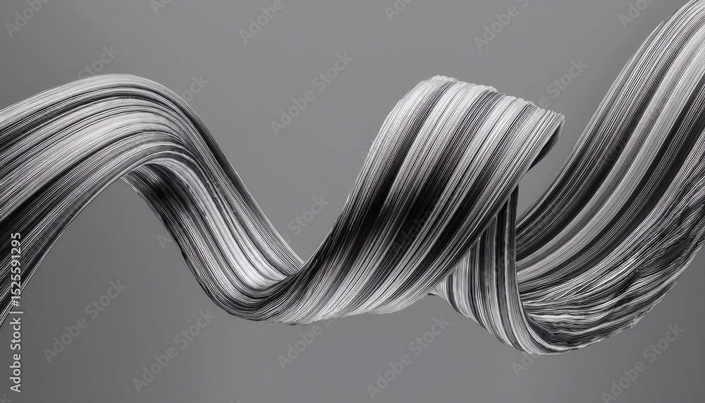 Poster sleek monochrome ribbon wave with ultra-fine parallel lines on gray background for abstract art print, branding asset, tech poster, or minimalist web design element


