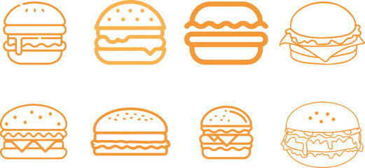 A collection of clean, minimalistic burger icons in outline style. Perfect for food delivery apps, restaurant branding, UI design, and digital menus. Fully scalable vector graphic, easy to custom.