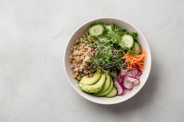 clean eating bowl featuring buckwheat fresh avocado and colorful vegetables on ultrabright clean background