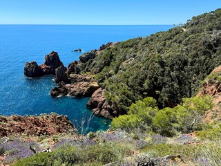 Picturesque view of the Mediterranean coastline in the Esterel region of southern France, featuring rugged red cliffs, turquoise sea, and lush vegetation under a clear blue sky.
