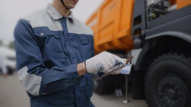 Automated logistics online internet. Dump truck driver man in uniform with tablet computer controls loading of cargo or coal.