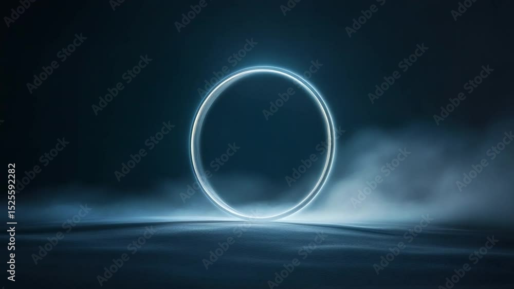 Fototapete enigmatic neon circle: a glowing neon circle illuminates a dark, hazy atmosphere, creating an intrig